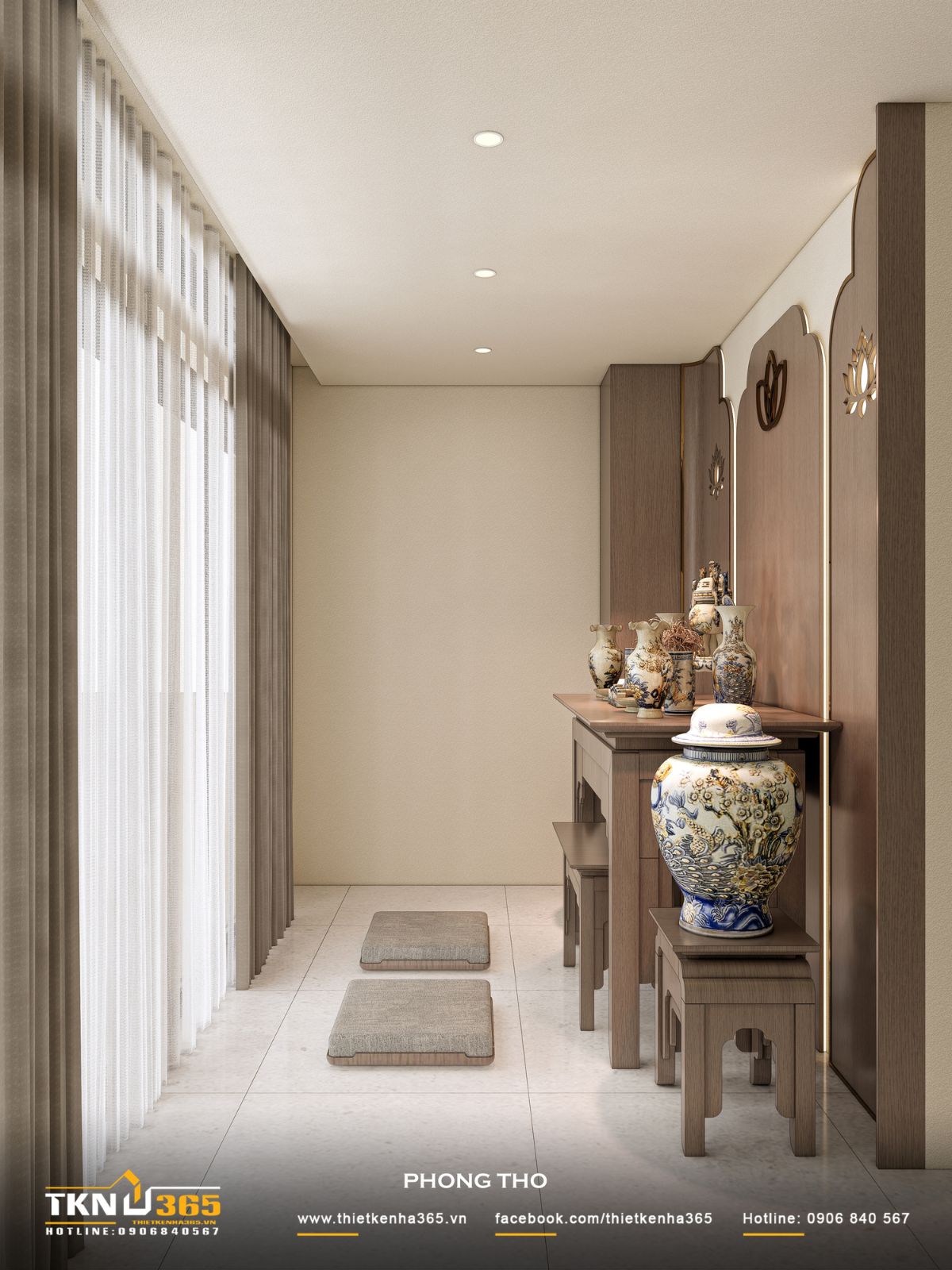 Ánh sáng tự nhiên được lọc qua lớp rèm mỏng, mang lại bầu không khí dịu nhẹ, phù hợp với tính chất tĩnh của phòng thờ