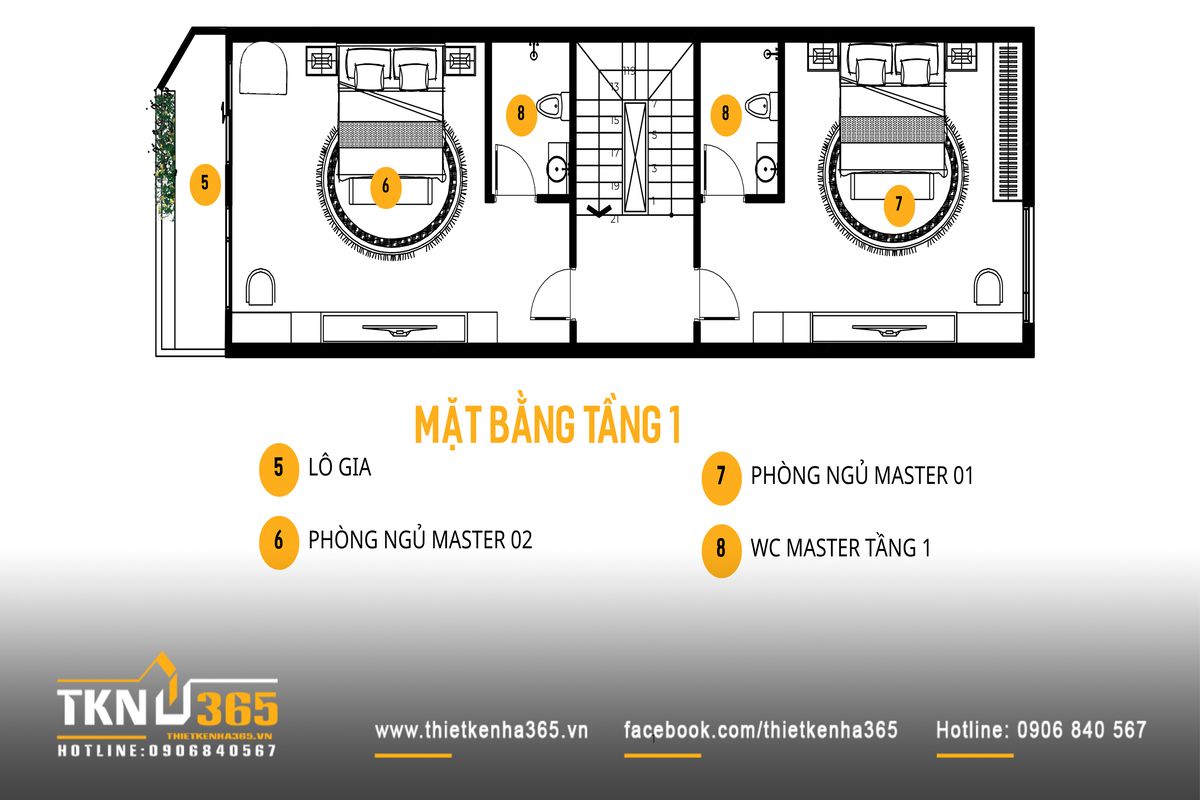 Mặt bằng tầng 1 nh&agrave; phố 5 tầng tổ chức ph&ograve;ng ngủ đối xứng qua l&otilde;i giao th&ocirc;ng trung t&acirc;m, đảm bảo sự tiện nghi v&agrave; ri&ecirc;ng tư