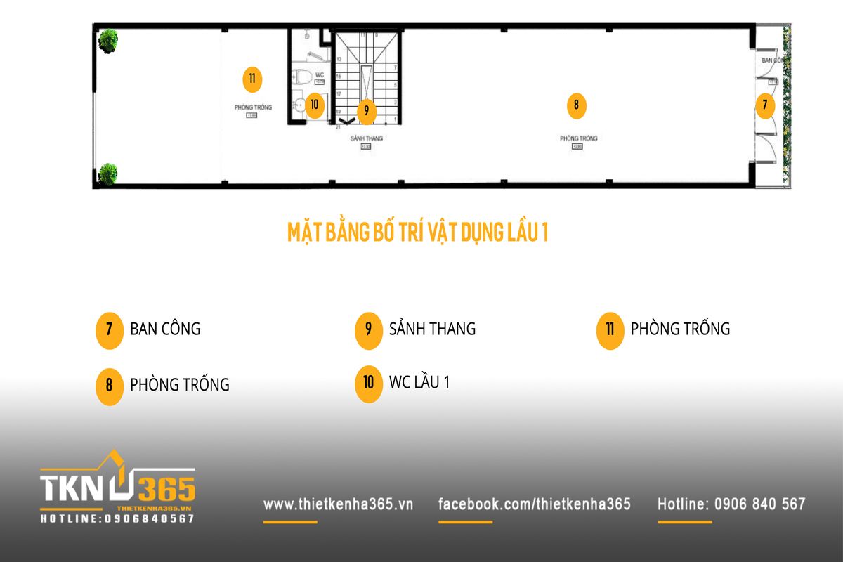 Lầu 1 nh&agrave; phố 5 tầng cho thấy c&aacute;ch ph&acirc;n chia kh&ocirc;ng gian linh hoạt, kết hợp ban c&ocirc;ng ph&iacute;a trước để tăng khả năng lấy s&aacute;ng v&agrave; th&ocirc;ng gi&oacute;