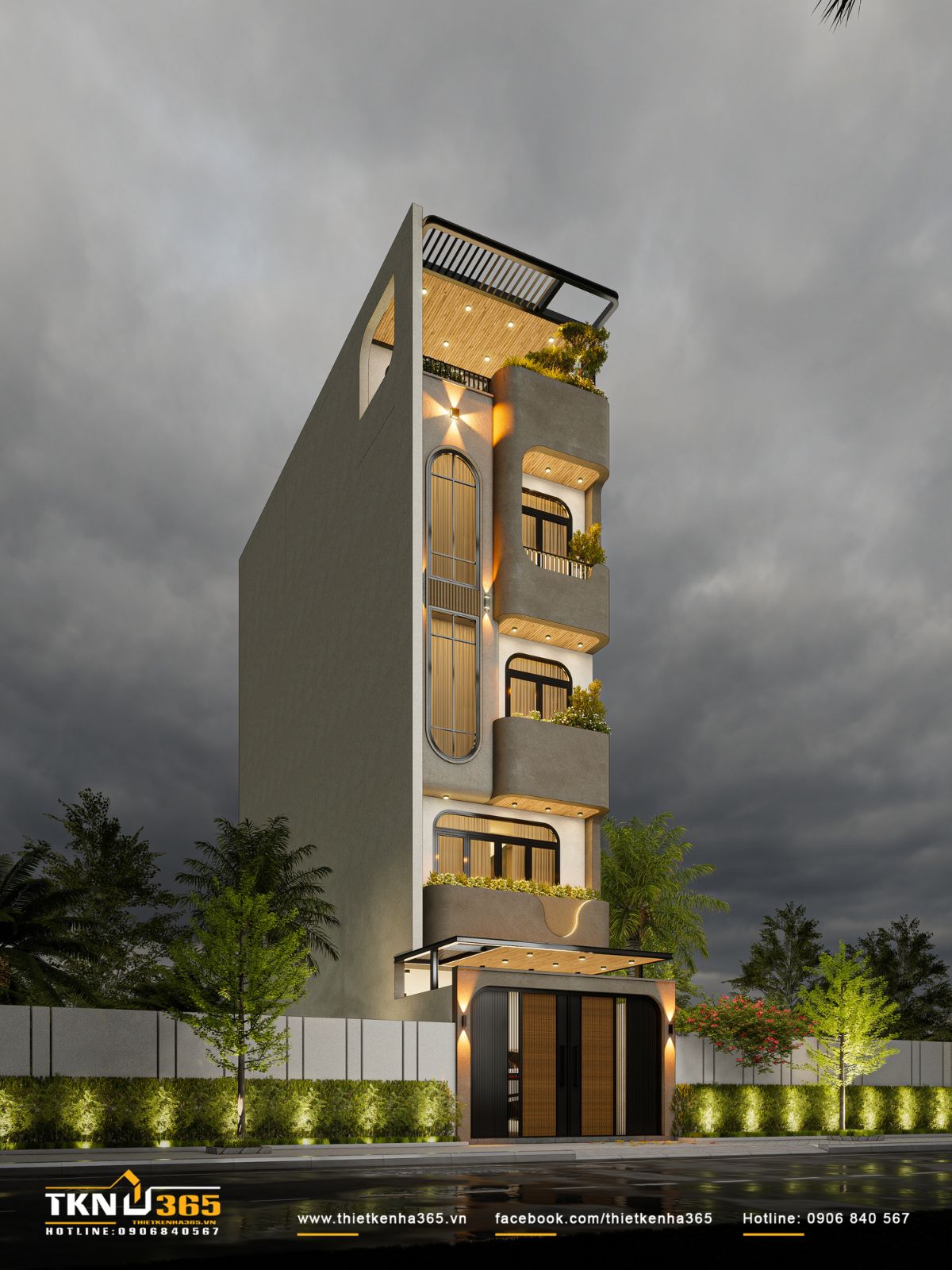 Nhà phố 5 tầng 4.3x13m tận dụng hiệu quả ánh sáng để nhấn mạnh nhịp điệu của mặt tiền