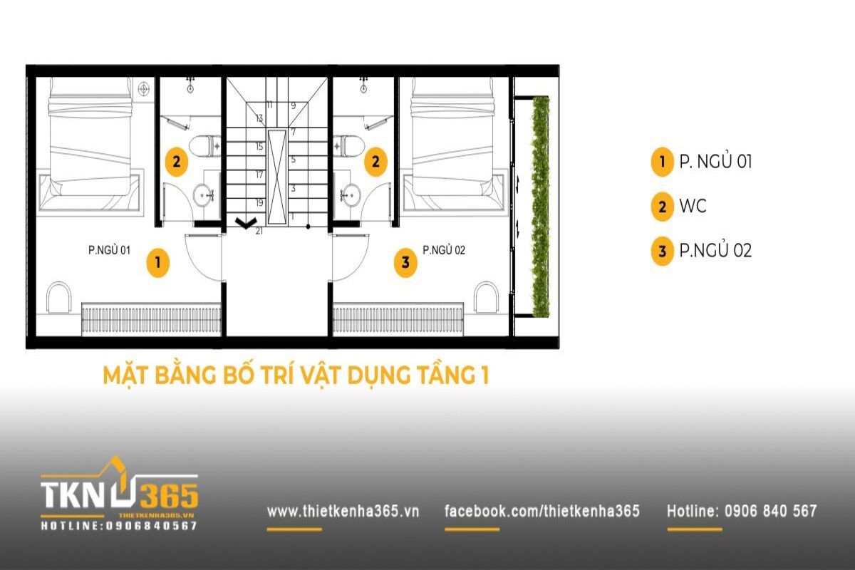 Mặt bằng tầng 1 nh&agrave; phố 5 tầng bố tr&iacute; hai ph&ograve;ng ngủ đối xứng qua trục thang, tạo sự ri&ecirc;ng tư nhưng vẫn kết nối thuận tiện