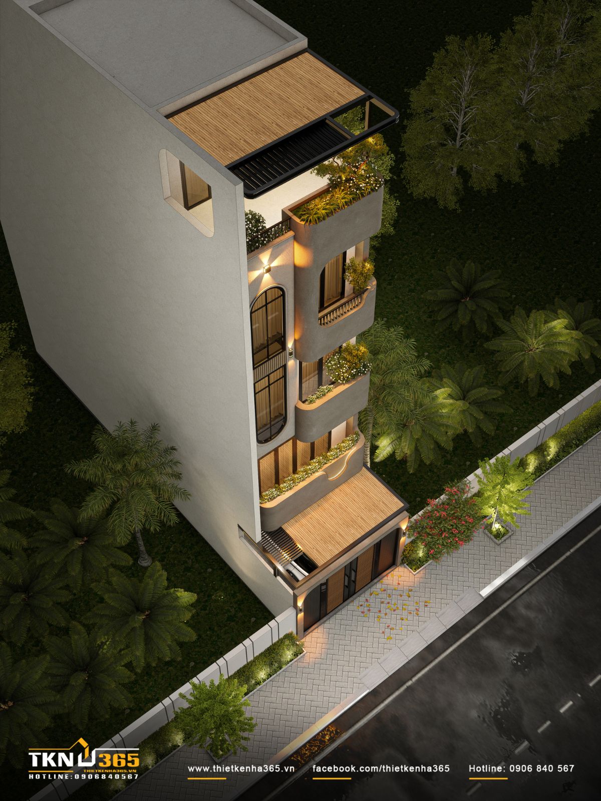 Tổng thể nhà phố 5 tầng nhìn từ trên cao thể hiện rõ cấu trúc không gian theo chiều đứng và các lớp ban công mở