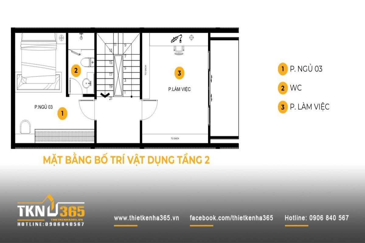 Mặt bằng tầng 2 nh&agrave; phố 5 tầng kết hợp ph&ograve;ng ngủ v&agrave; kh&ocirc;ng gian l&agrave;m việc, phản &aacute;nh nhu cầu sinh hoạt linh hoạt của gia chủ