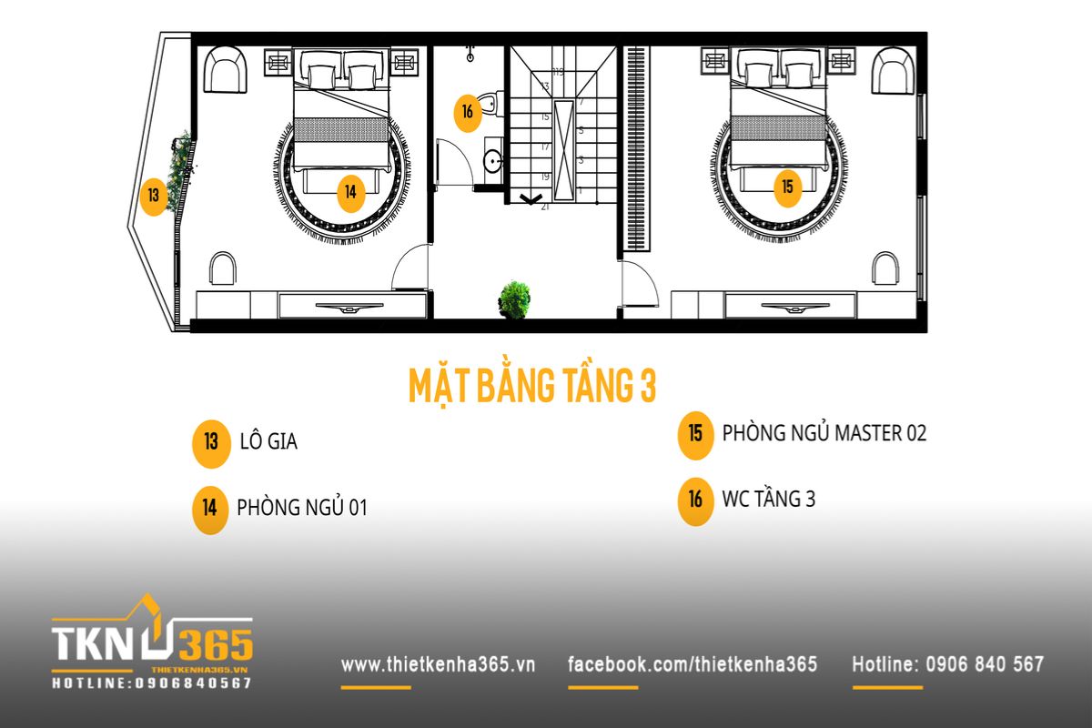 Mặt bằng tầng 3 kết hợp kh&ocirc;ng gian nghỉ ngơi v&agrave; logia xanh, tạo lớp đệm vi kh&iacute; hậu cho nh&agrave; phố 5 tầng