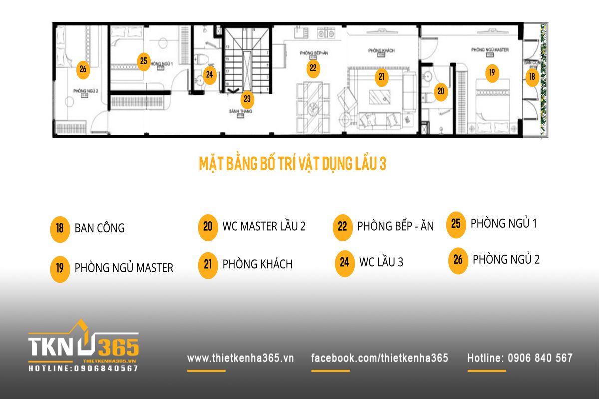 Tầng 3 nh&agrave; phố 5 tầng được d&agrave;nh cho kh&ocirc;ng gian sinh hoạt chung với ph&ograve;ng kh&aacute;ch v&agrave; bếp - ăn đặt tr&ecirc;n cao để hạn chế ảnh hưởng từ mặt đường