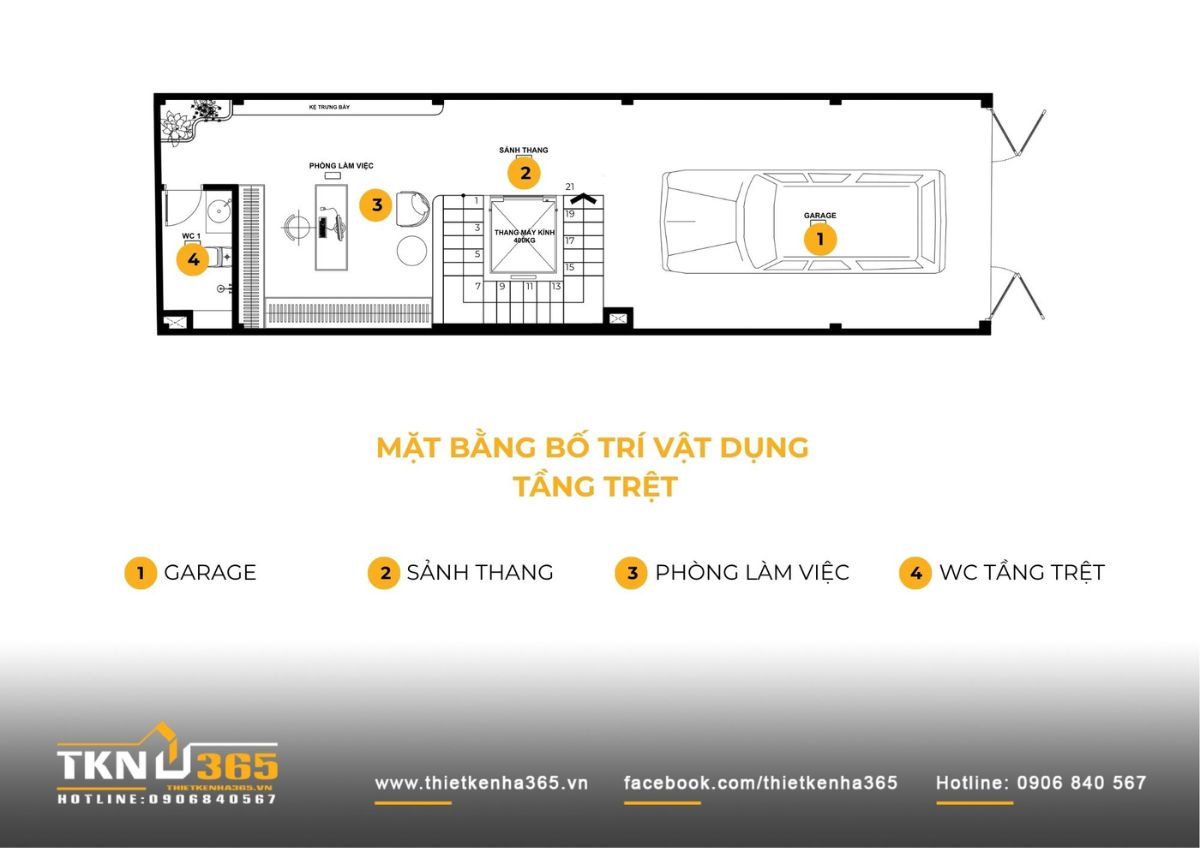 Mặt bằng tầng trệt nhà phố 5 tầng bố trí gara phía trước, kết hợp phòng làm việc phía sau