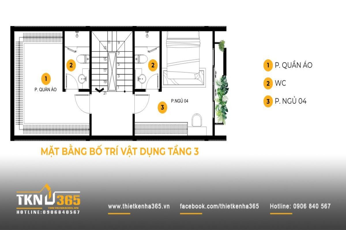 Mặt bằng tầng 3 của nh&agrave; phố 5 tầng được tổ chức với ph&ograve;ng ngủ v&agrave; ph&ograve;ng thay đồ ri&ecirc;ng biệt, gi&uacute;p gia chủ c&oacute; kh&ocirc;ng gian sử dụng thoải m&aacute;i v&agrave; ri&ecirc;ng tư hơn