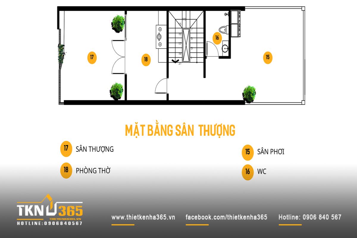 Mặt bằng s&acirc;n thượng nh&agrave; phố 5 tầng bố tr&iacute; ph&ograve;ng thờ, s&acirc;n phơi v&agrave; khoảng mở, ho&agrave;n thiện chuỗi kh&ocirc;ng gian theo chiều đứng