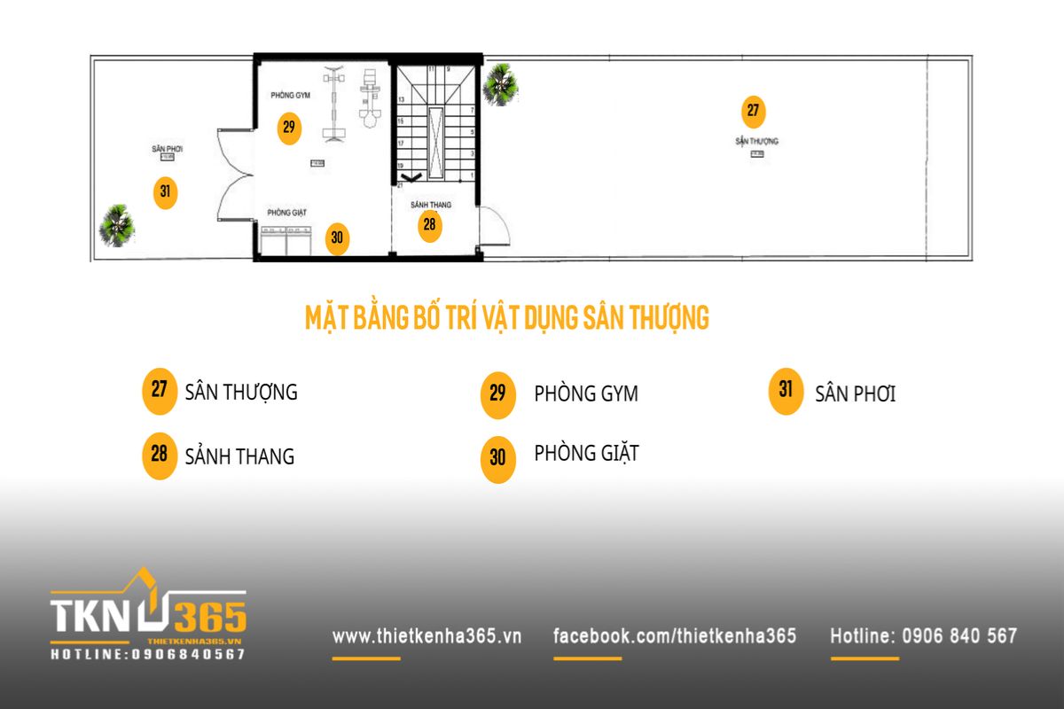 Mặt bằng tầng thượng nh&agrave; phố 5 tầng t&iacute;ch hợp ph&ograve;ng gym, khu giặt v&agrave; s&acirc;n phơi, ho&agrave;n thiện hệ c&ocirc;ng năng theo hướng đa chức năng