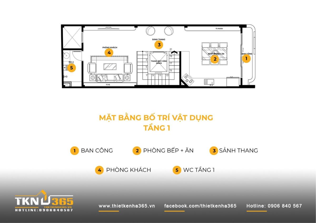 Mặt bằng tầng 1 nhà phố 5 tầng tổ chức không gian khách và bếp - ăn liên thông, tạo trục sinh hoạt chung liền mạch
