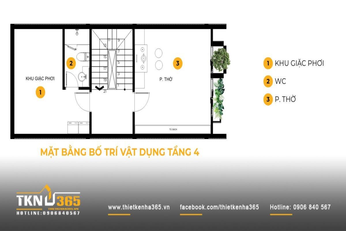 Tầng cao nhất của nh&agrave; phố 5 tầng d&agrave;nh cho khu giặt phơi v&agrave; ph&ograve;ng thờ, tạo một khoảng lặng t&aacute;ch biệt khỏi nhịp sống b&ecirc;n dưới