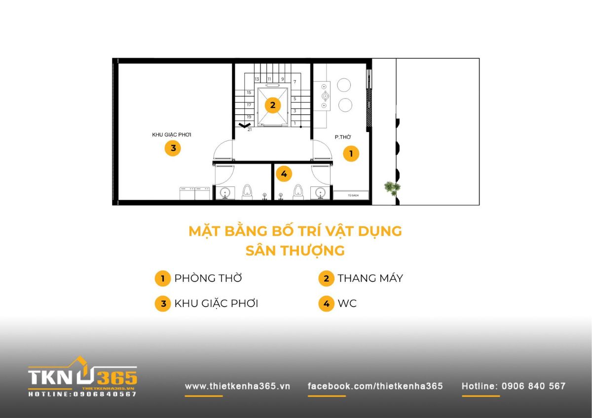 Mặt bằng s&acirc;n thượng với ph&ograve;ng thờ v&agrave; khu giặt phơi, tạo khoảng tho&aacute;ng cho to&agrave;n bộ c&ocirc;ng tr&igrave;nh nh&agrave; phố 6 tầng