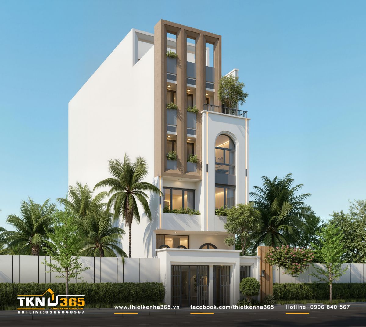 C&acirc;y xanh được đan c&agrave;i ở những vị tr&iacute; hợp l&yacute; tạo điểm nhấn cho mặt tiền nh&agrave; phố 6 tầng, đồng thời l&agrave;m m&aacute;t cho kh&ocirc;ng gian sống b&ecirc;n trong