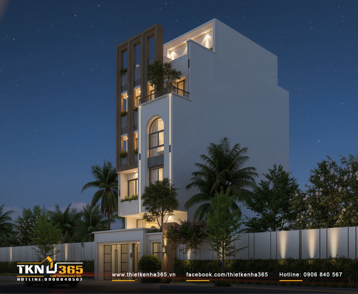 Nh&agrave; phố 6 tầng về đ&ecirc;m với hệ đ&egrave;n hắt l&agrave;m nổi bật cấu tr&uacute;c h&igrave;nh khối v&agrave; chiều cao c&ocirc;ng tr&igrave;nh