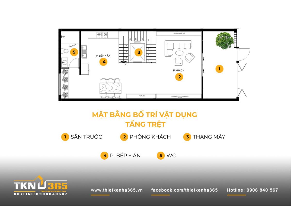 Mặt bằng tầng trệt nh&agrave; phố 6 tầng 6x18m với bố tr&iacute; ph&ograve;ng kh&aacute;ch, bếp ăn v&agrave; s&acirc;n trước li&ecirc;n th&ocirc;ng