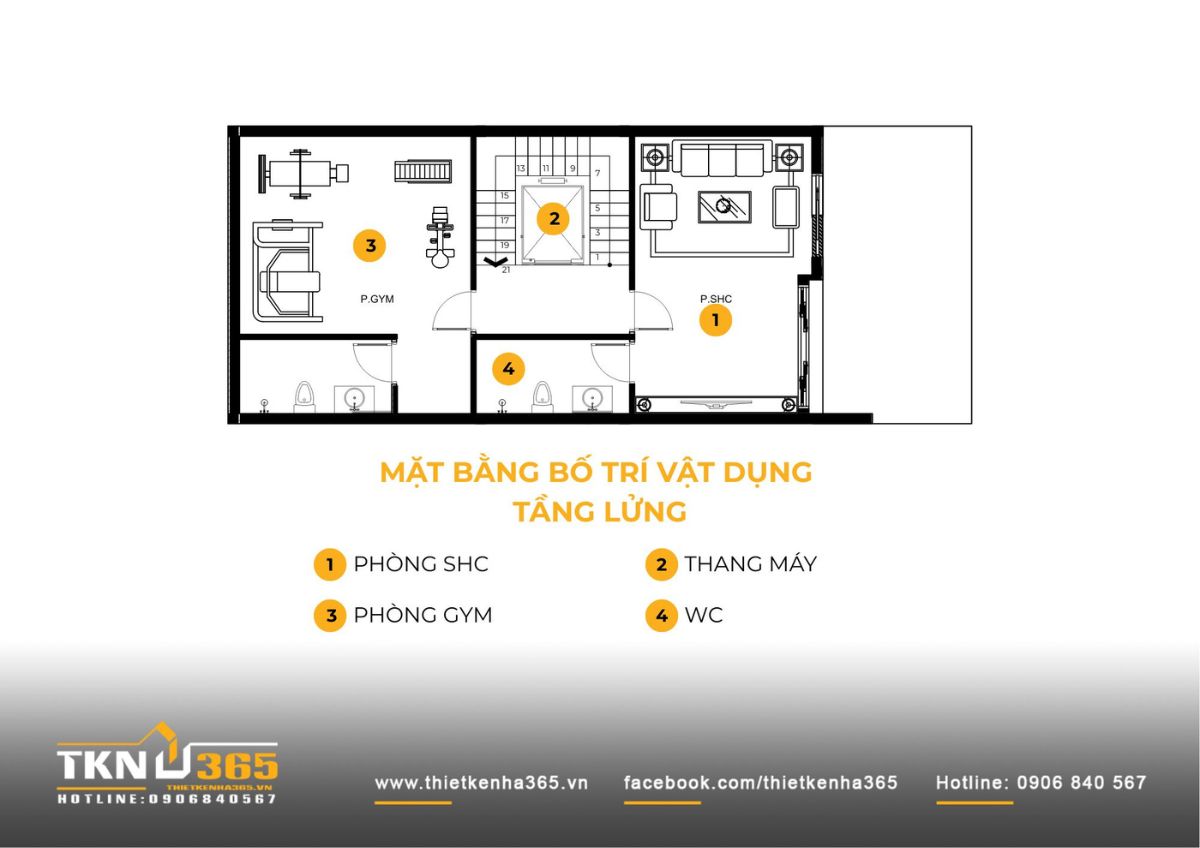 Mặt bằng tầng lửng tổ chức kh&ocirc;ng gian sinh hoạt chung v&agrave; ph&ograve;ng gym t&aacute;ch biệt nhưng vẫn kết nối