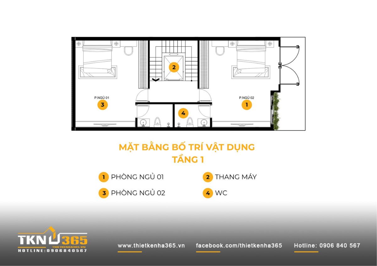 Mặt bằng tầng 1 với hai ph&ograve;ng ngủ bố tr&iacute; đối xứng qua l&otilde;i thang trung t&acirc;m