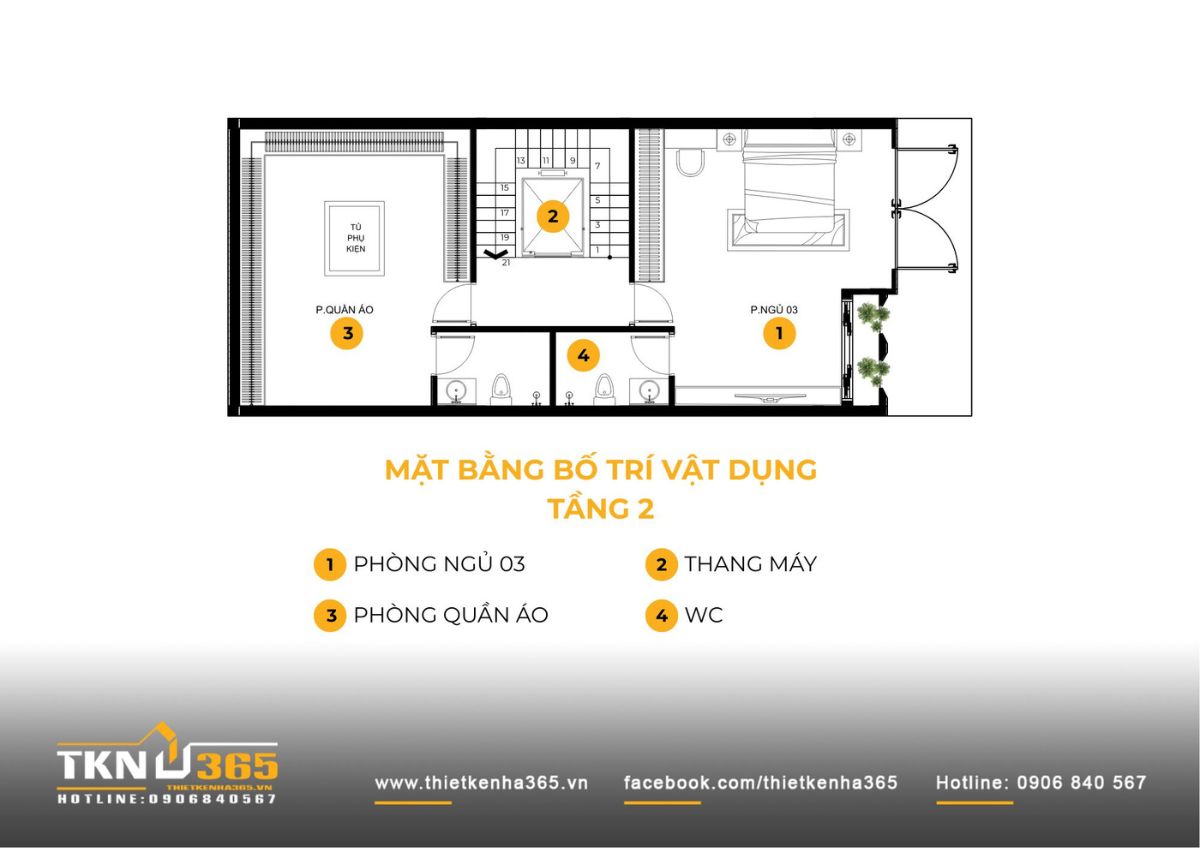 Mặt bằng tầng 2 t&iacute;ch hợp ph&ograve;ng ngủ v&agrave; ph&ograve;ng quần &aacute;o, tối ưu c&ocirc;ng năng sử dụng
