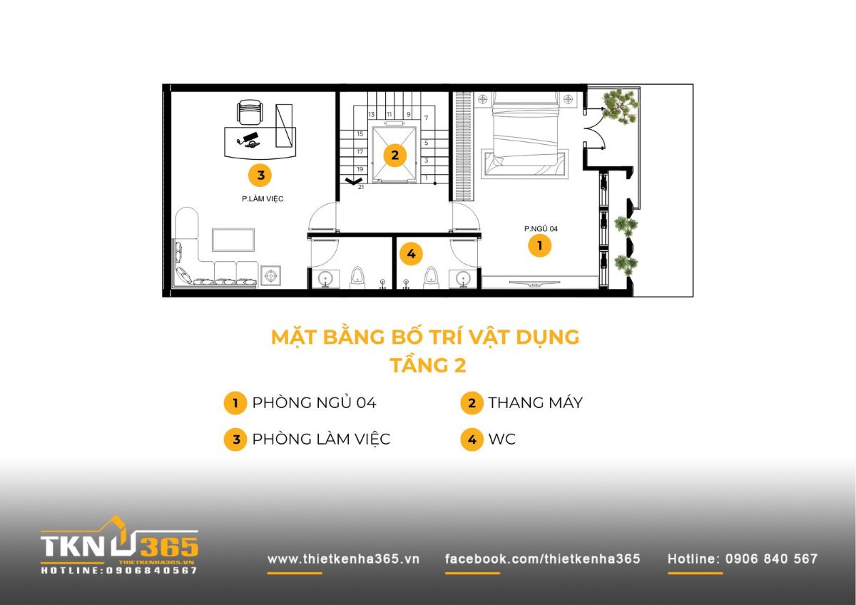 Mặt bằng tầng 3 bố tr&iacute; ph&ograve;ng ngủ v&agrave; ph&ograve;ng l&agrave;m việc, tăng t&iacute;nh ri&ecirc;ng tư theo chiều cao cho nh&agrave; phố 6 tầng