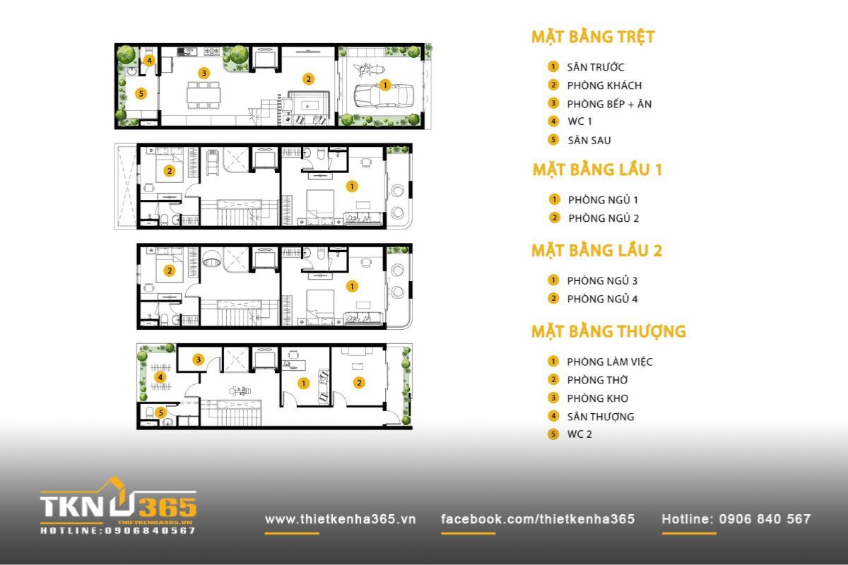 Bản vẽ mặt bằng nhà phố 4 tầng 5x20m tham khảo