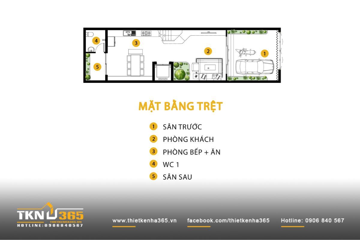 Thiết kế nhà phố 4 tầng 5x20m2 bố trí phòng khách - bếp - ăn liền mạch ở tầng trệt