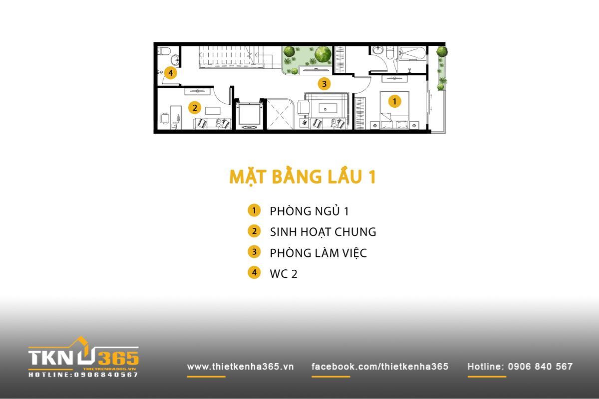 Tầng 2 trong nhà phố 4 tầng 5x20m sắp xếp không gian sinh hoạt chung và 1 - 2 phòng ngủ