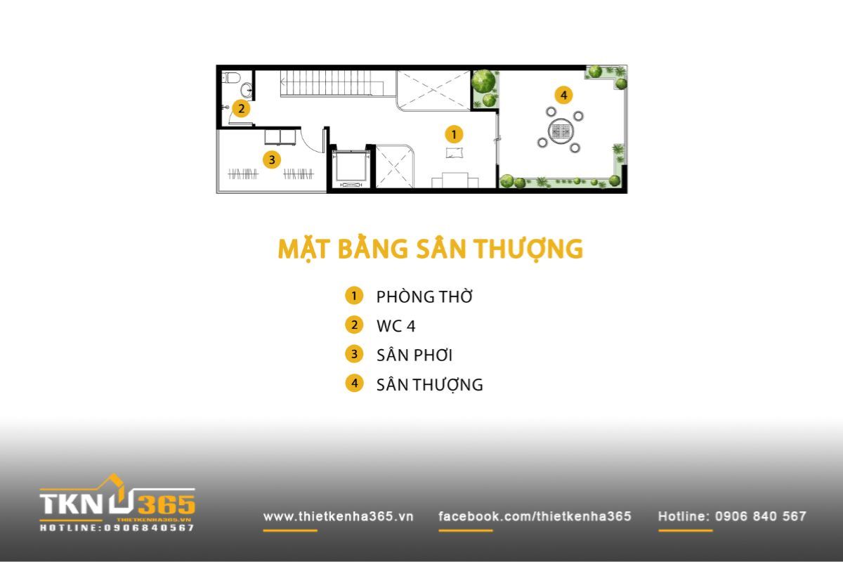 Tầng cao nhất trong thiết kế nhà phố 4 tầng 5x20m là không gian của phòng thờ, sân thượng và khu giặt - phơi
