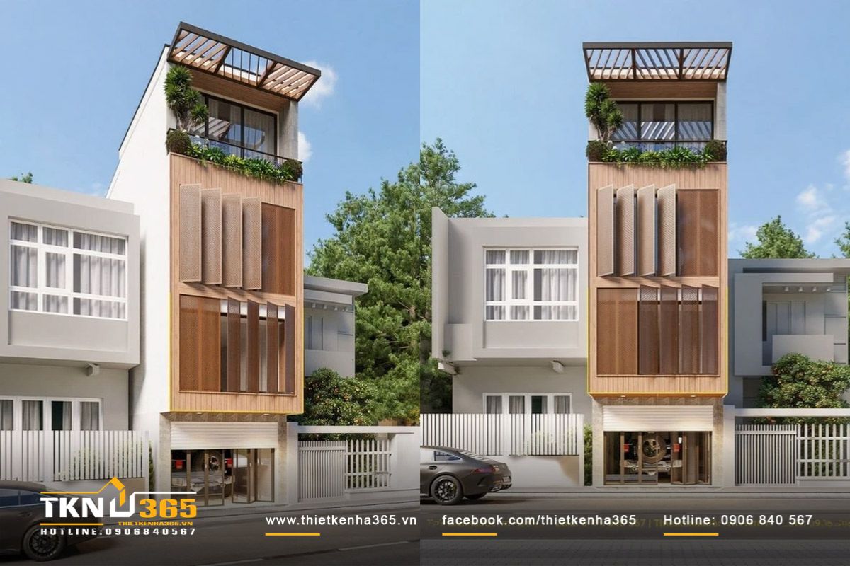 Mẫu thiết kế nhà phố 4 tầng 5x20m có gara ô tô rộng thoáng ở tầng trệt