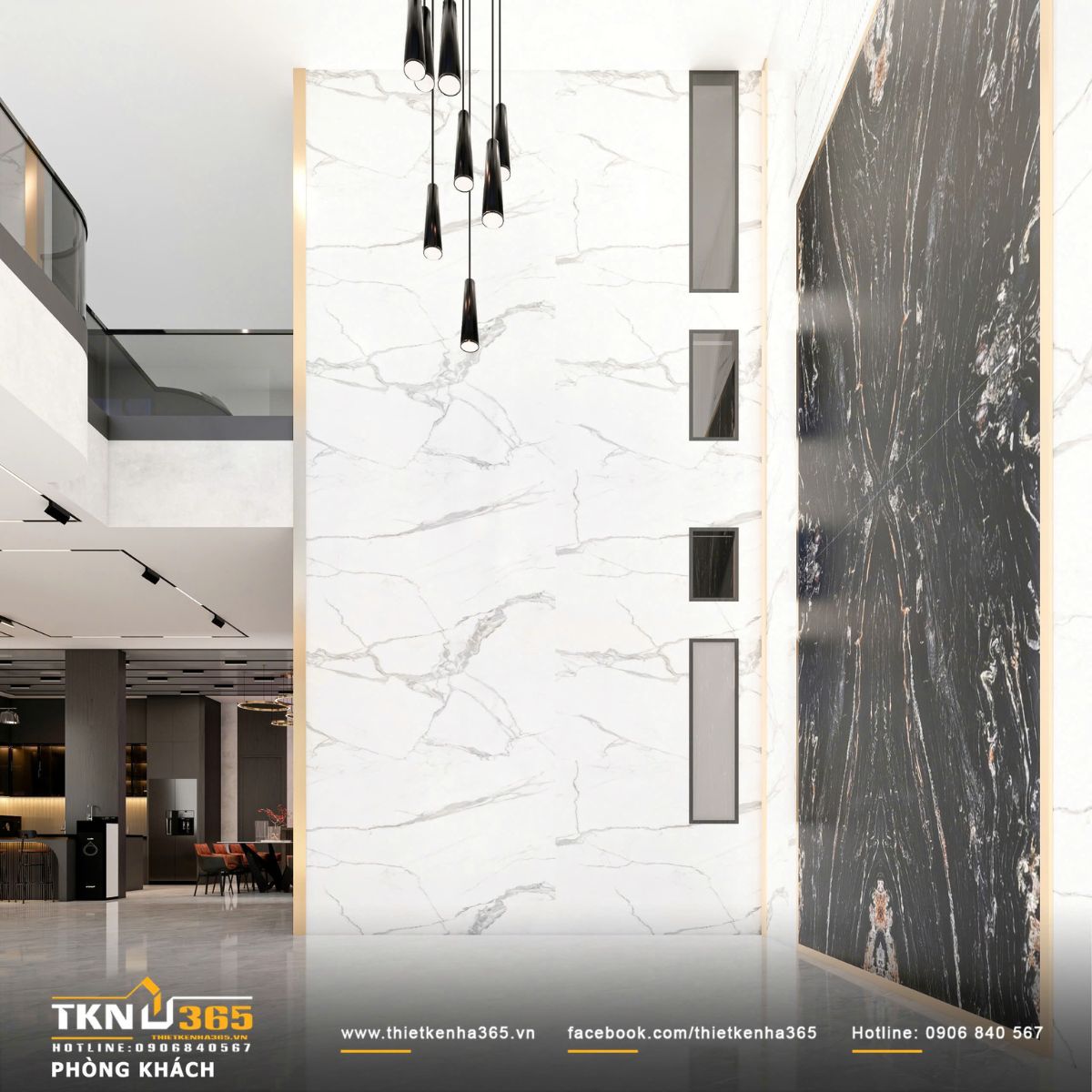Phòng khách gây ấn tượng với mảng tường đá trắng vân lớn kết hợp tranh đá tạo điểm nhấn thị giác mạnh mẽ