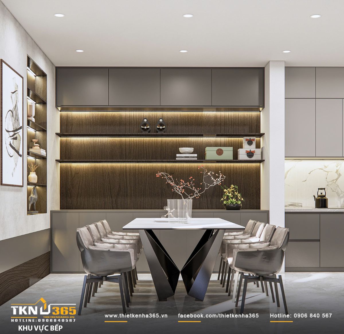 Thiết kế nội thất biệt thự hiện đại 1 trệt 2 lầu ở Bình Tân | Nhà Chị Hương 10 Hệ kệ trang trí và tủ âm tường tích hợp ánh sáng giúp tăng không gian lưu trữ và hoàn thiện tổng thể thẩm mỹ