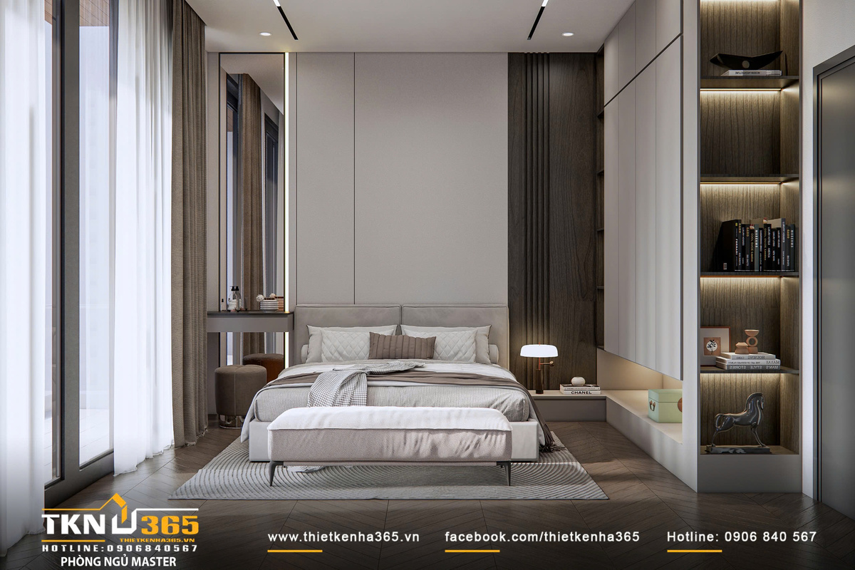 Thiết kế nội thất biệt thự hiện đại 1 trệt 2 lầu ở Bình Tân | Nhà Chị Hương 11 Phòng ngủ master sử dụng tông màu trung tính kết hợp vật liệu gỗ, tạo cảm giác ấm áp và thư giãn