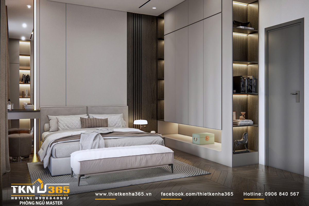 Thiết kế nội thất biệt thự hiện đại 1 trệt 2 lầu ở Bình Tân | Nhà Chị Hương 12 Giường ngủ bọc nệm kết hợp tủ đầu giường tối giản mang lại sự thoải mái và tinh tế