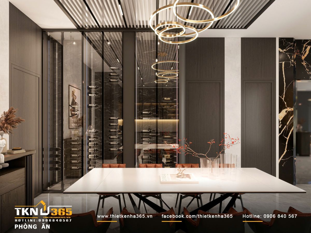 Tủ kính trưng bày rượu kết hợp ánh sáng từ đèn LED tạo hiệu ứng phản chiếu, tăng chiều sâu và cảm giác cao cấp