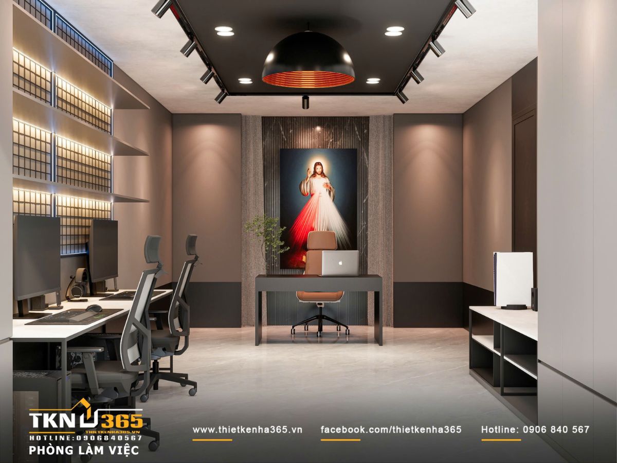 Không gian làm việc sử dụng bảng màu trầm kết hợp ánh sáng chiếu điểm và đèn trần, giúp giữ sự tập trung và rõ ràng về chức năng