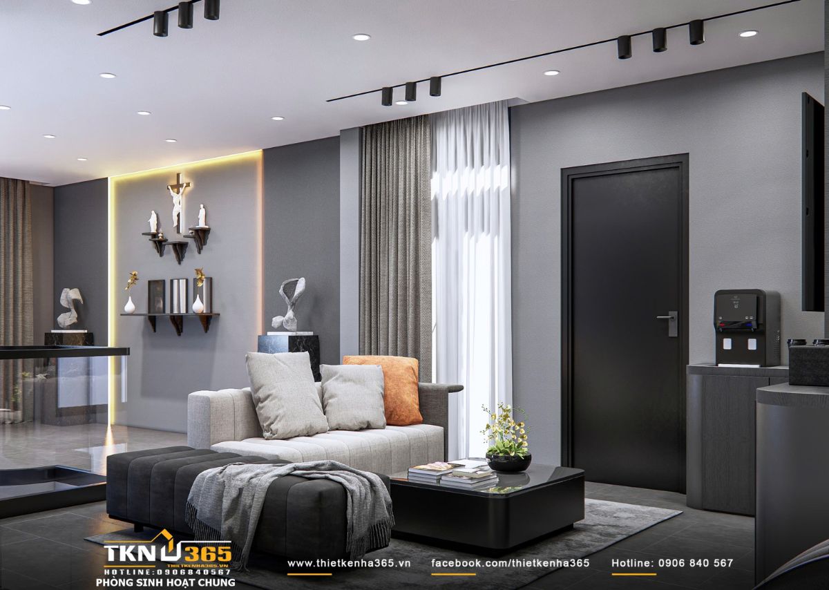 Khu sinh hoạt chung sử dụng bảng màu xám - gỗ trầm kết hợp ánh sáng âm trần, tạo cảm giác ổn định và dễ chịu