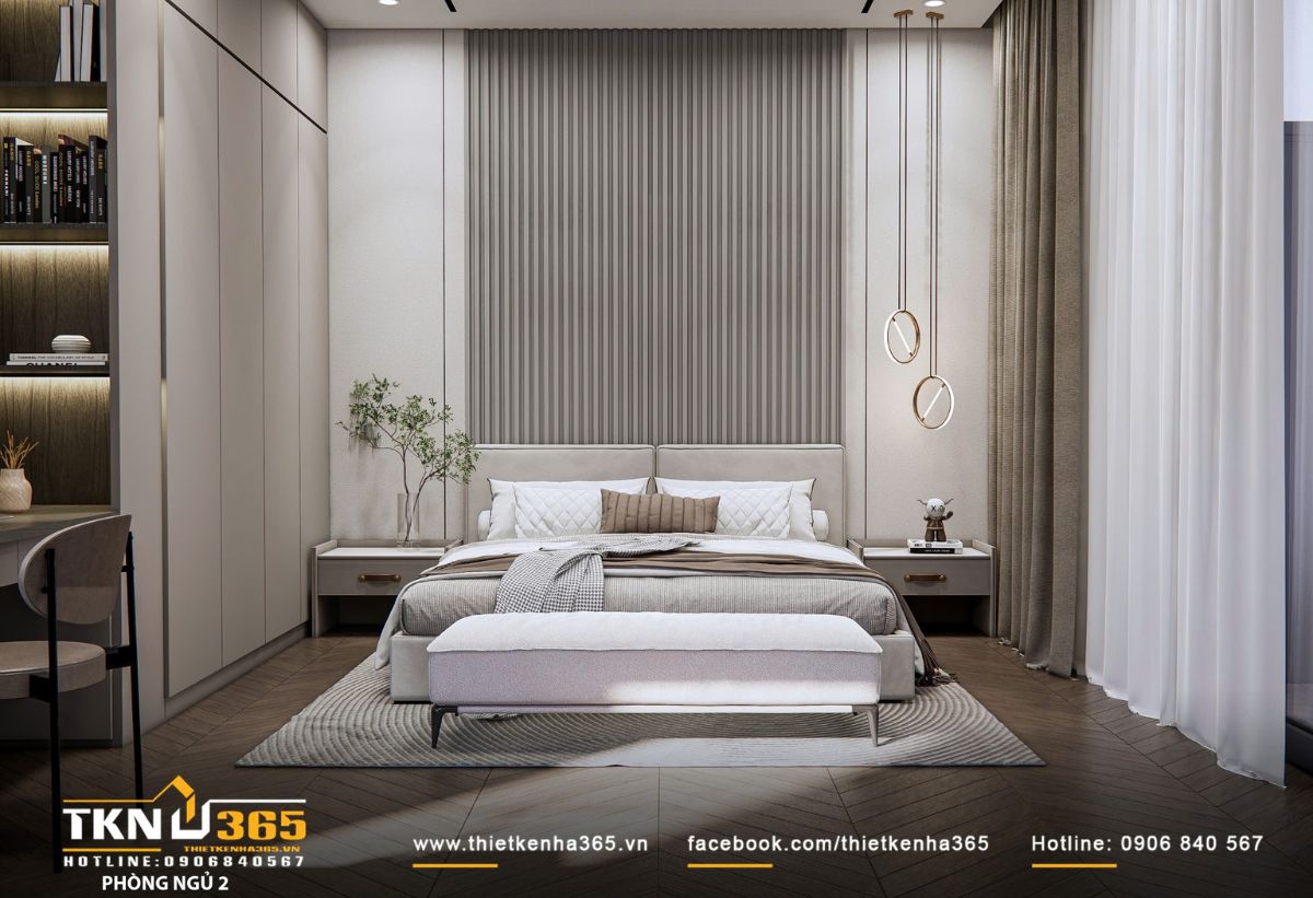 Thiết kế nội thất biệt thự hiện đại 1 trệt 2 lầu ở Bình Tân | Nhà Chị Hương 18 Phòng ngủ thứ hai thiết kế theo phong cách tối giản với giường ngủ và tủ đầu giường cân đối