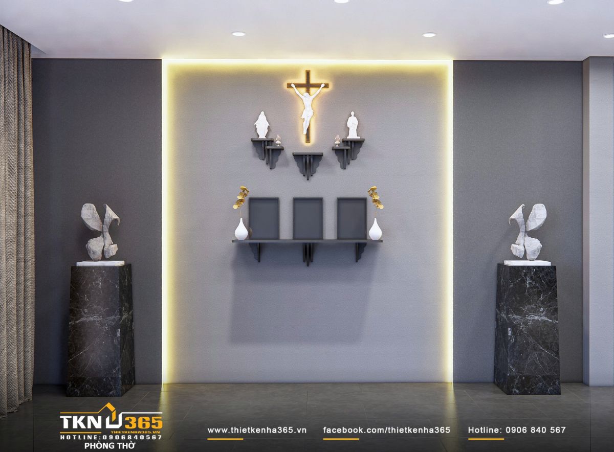 Phòng thờ tạo điểm nhấn bằng ánh sáng hắt vàng ấm trên nền xám, kết hợp bố cục đối xứng giúp không gian trang nghiêm và cân bằng