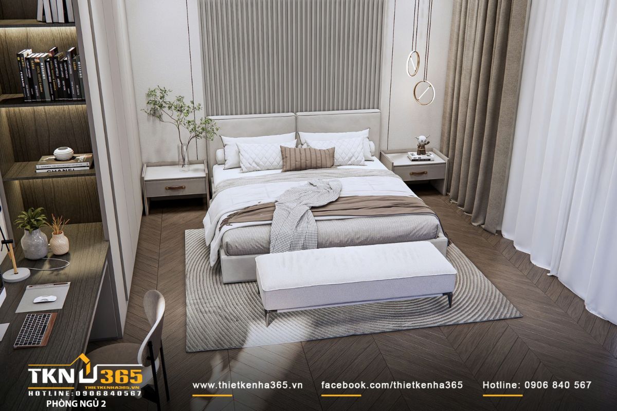 Thiết kế nội thất biệt thự hiện đại 1 trệt 2 lầu ở Bình Tân | Nhà Chị Hương 19 Khu vực làm việc tích hợp liền tường kết hợp kệ mở, tăng tính tiện dụng trong sử dụng hàng ngày