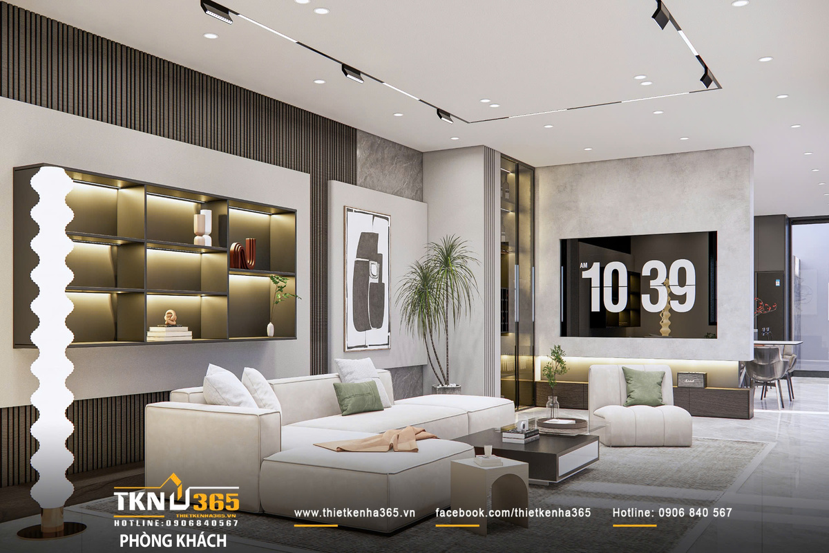 Thiết kế nội thất biệt thự hiện đại 1 trệt 2 lầu ở Bình Tân | Nhà Chị Hương 2 Mảng tường TV ốp đá - gỗ kết hợp đèn LED âm tạo điểm nhấn chiều sâu tinh tế