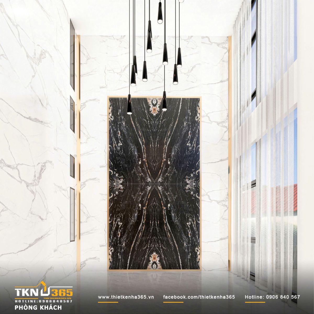 Bố cục đối xứng của đá tự nhiên cùng hệ đèn thả tạo chiều sâu, nhấn mạnh trục không gian theo phương đứng