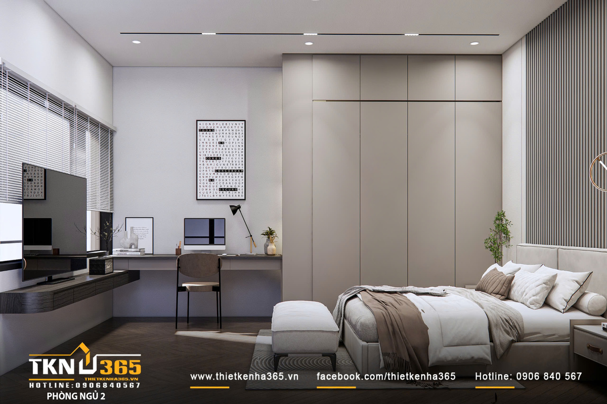 Thiết kế nội thất biệt thự hiện đại 1 trệt 2 lầu ở Bình Tân | Nhà Chị Hương 20 Bàn làm việc bố trí cạnh cửa sổ giúp tận dụng ánh sáng tự nhiên, tạo sự tập trung khi học tập