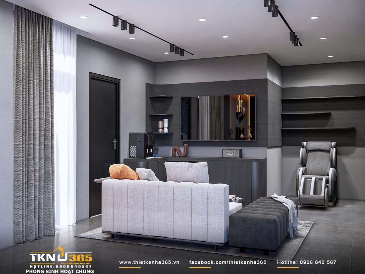 Hệ tủ và vách ốp gỗ kết hợp ánh sáng gián tiếp tạo chiều sâu, duy trì sự liền mạch giữa không gian thờ và sinh hoạt chung