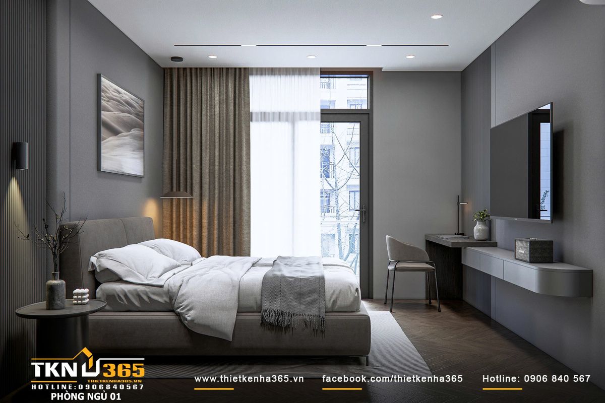 Phòng ngủ sử dụng bảng màu xám - nâu gỗ trung tính, tạo nền không gian tĩnh và ổn định