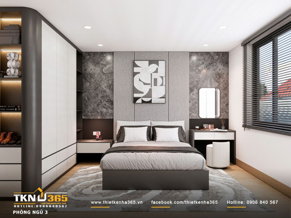 Thiết kế nội thất biệt thự hiện đại 1 trệt 2 lầu ở Bình Tân | Nhà Chị Hương 22 Hệ tủ lớn kết hợp kệ trang trí và ánh sáng âm tạo chiều sâu và điểm nhấn nhẹ nhàng