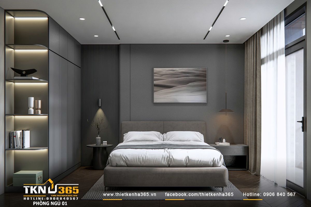 Các mảng tường và nội thất xử lý đồng sắc, giúp chuyển tiếp vật liệu mượt và giữ sự gọn gàng