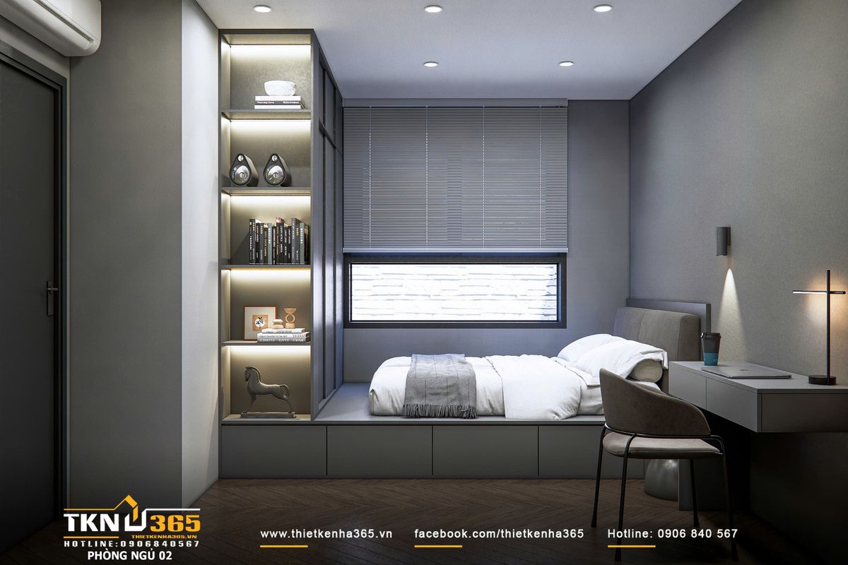 Hệ tủ kết hợp kệ mở và ánh sáng hắt tạo chiều sâu, đáp ứng nhu cầu sử dụng linh hoạt