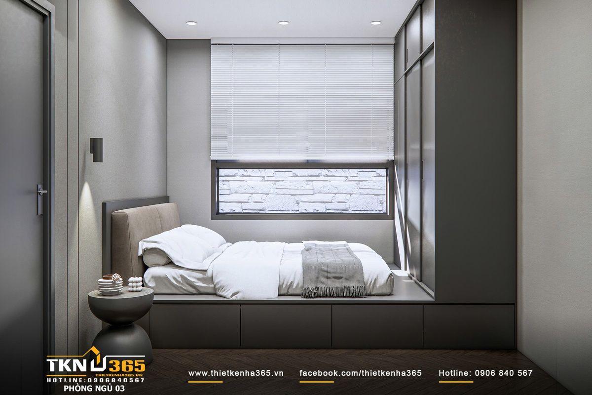 Giường đặt trên bục thấp kết hợp ánh sáng tự nhiên, giúp không gian thoáng và nhẹ hơn về thị giác