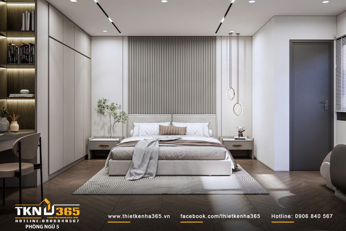 Thiết kế nội thất biệt thự hiện đại 1 trệt 2 lầu ở Bình Tân | Nhà Chị Hương 25 Phòng ngủ giữ bảng màu trung tính kết hợp vách đầu giường ốp nan, tạo điểm nhấn nhẹ nhàng và cân đối
