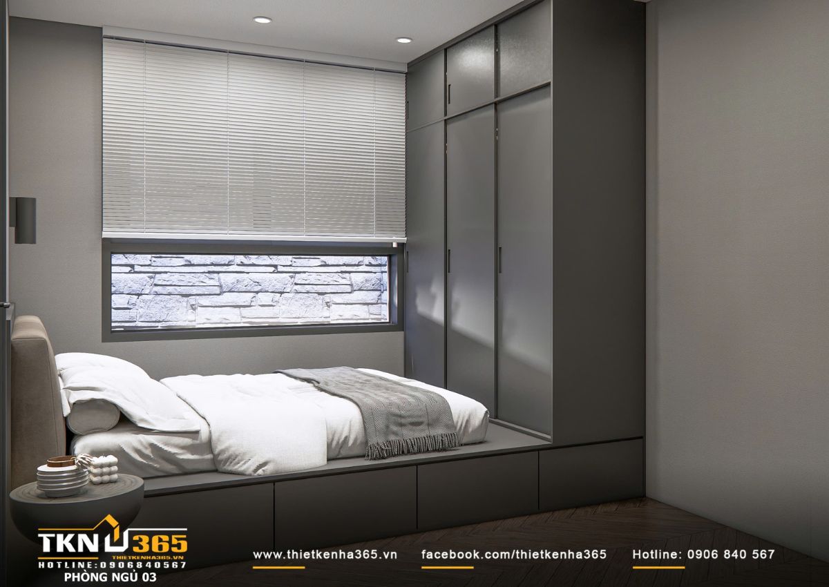 Hệ tủ cao kịch trần giữ mặt phẳng gọn gàng, đồng thời tối ưu lưu trữ trong không gian nhỏ