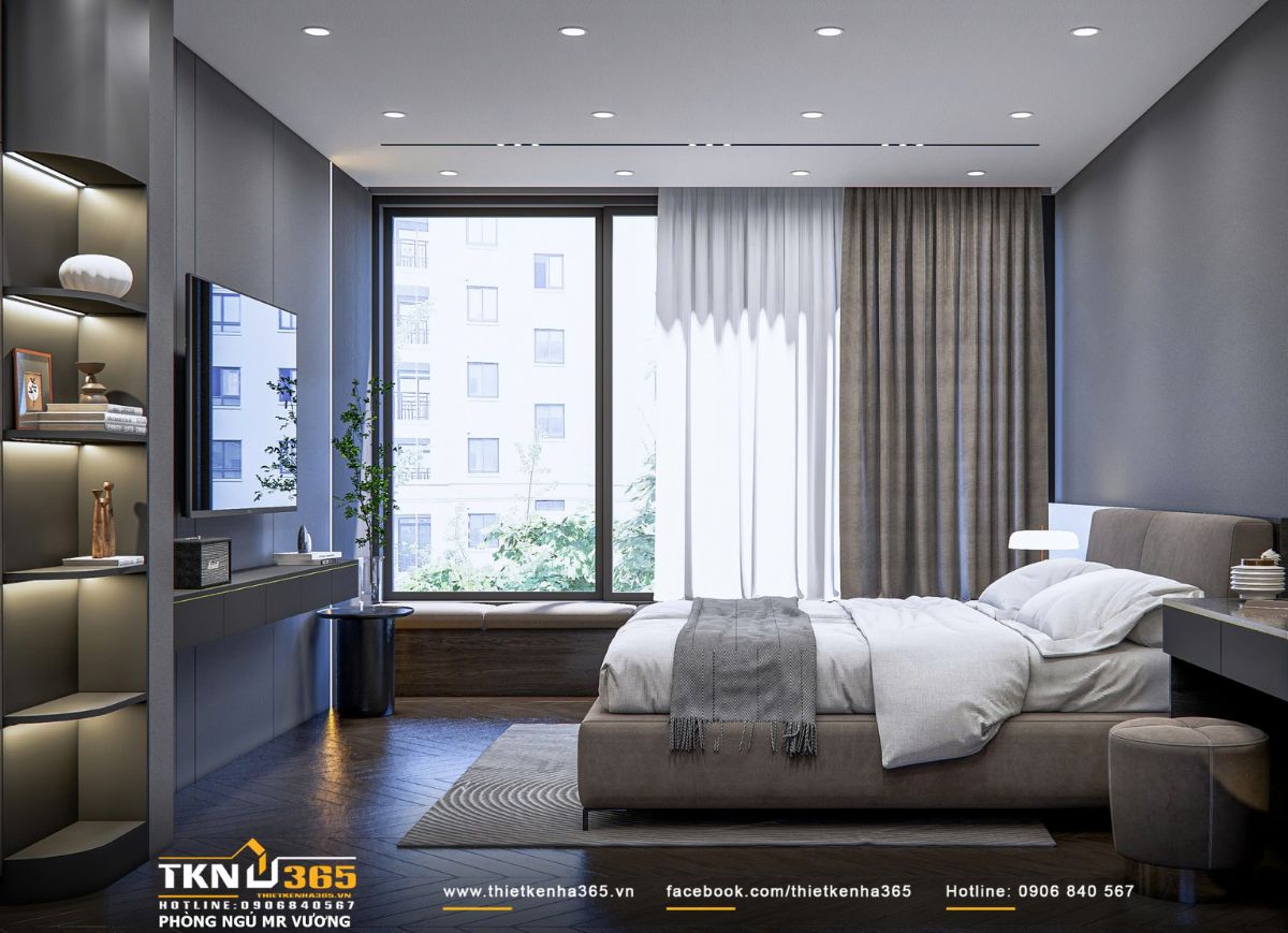 Vật liệu gỗ tối màu và bề mặt sơn mịn được kết hợp cân bằng, tạo cảm giác ấm và hiện đại